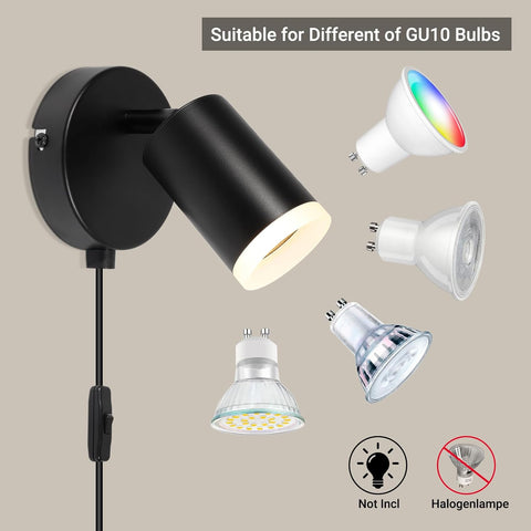 Black wall-mounted light fixture with compatibility for different GU10 bulbs on a beige background.