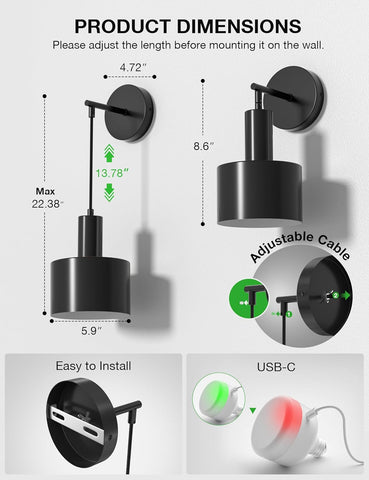 Black wall-mounted light fixture with dimensions and features on a white background