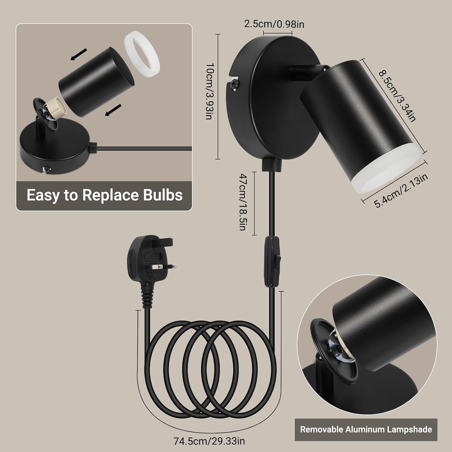 Black wall-mounted light fixture with dimensions and replacement bulb information on a beige background