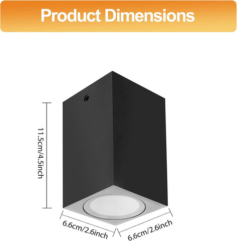 Black wall-mounted light fixture with dimensions indicated on a white background