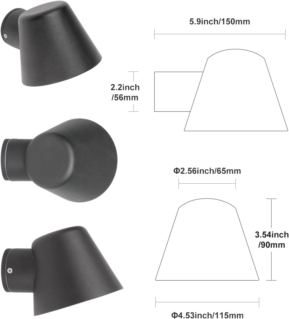 Black wall-mounted light fixture with dimensions labeled