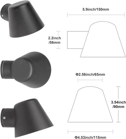 Black wall-mounted light fixture with dimensions labeled