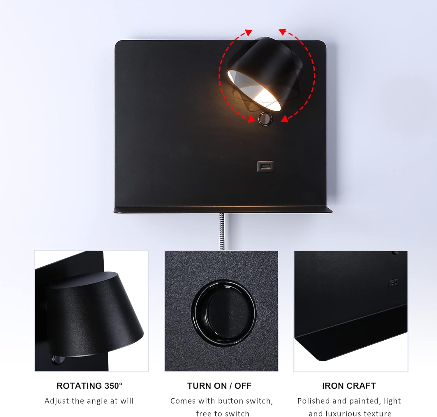 Black wall-mounted light fixture with features highlighted on a white background