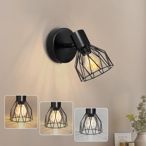 Black wall-mounted light fixture with geometric design on a beige wall.