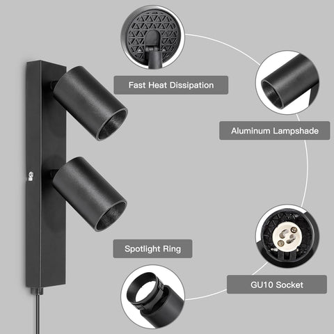 Black wall-mounted light fixture with labeled components on a gray background