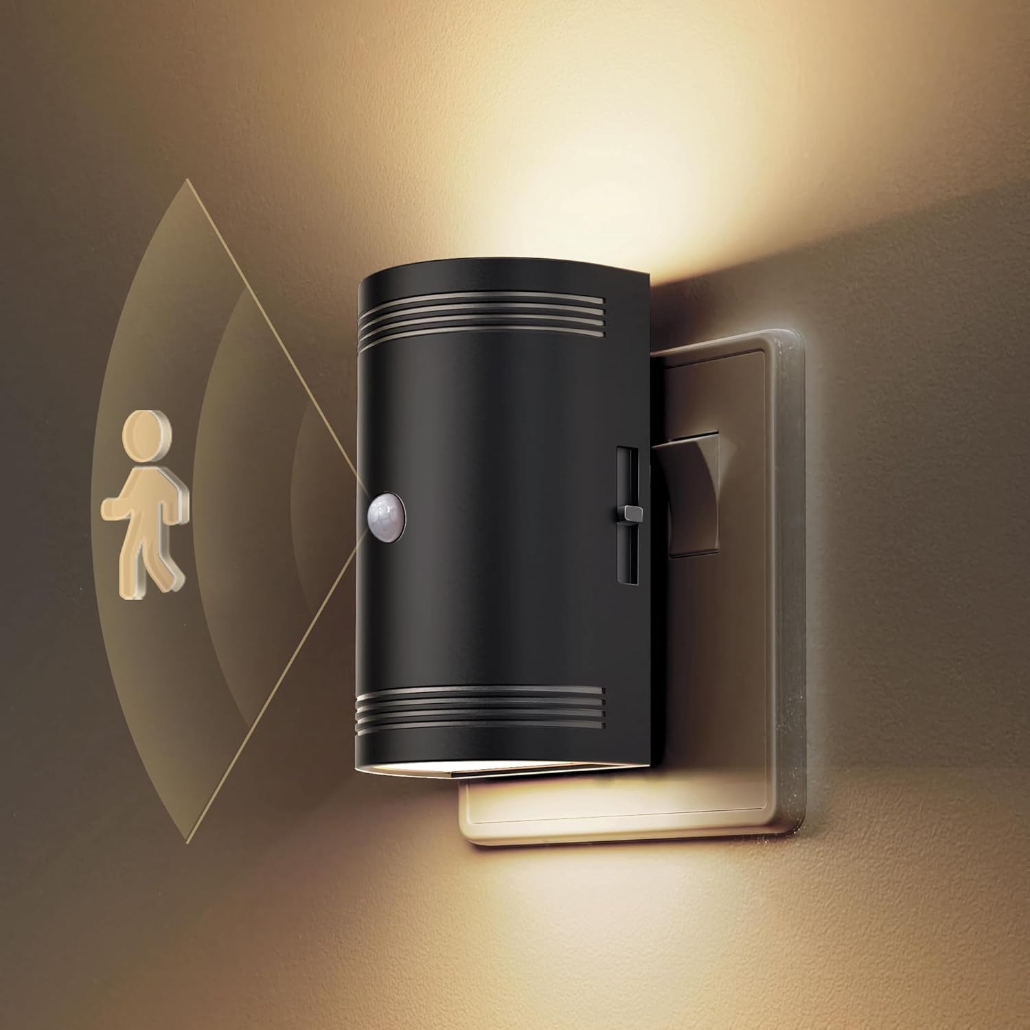 Black wall-mounted light fixture with motion sensor on a beige wall.