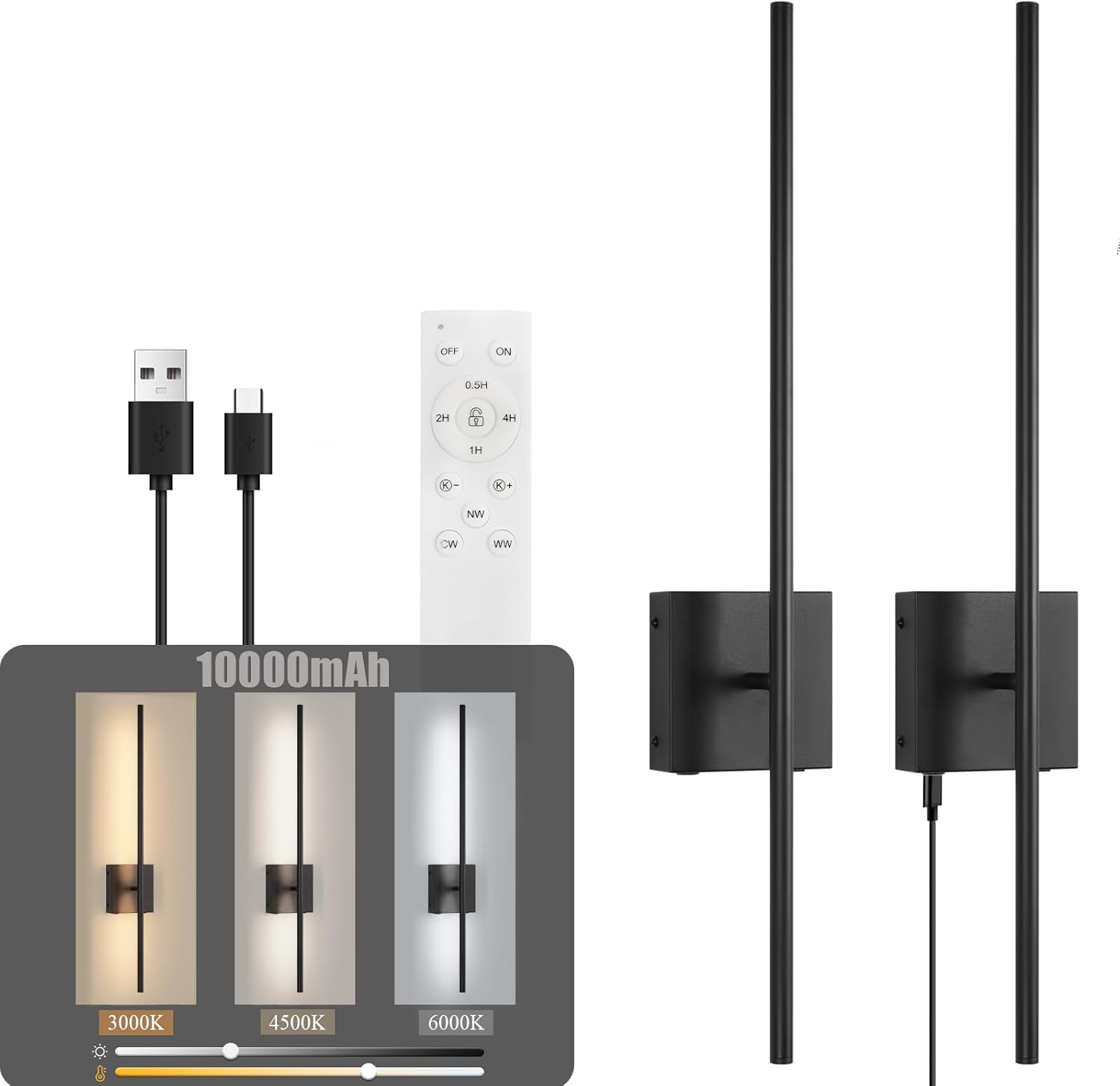 Black wall-mounted light fixture with remote control and USB cable on a white background