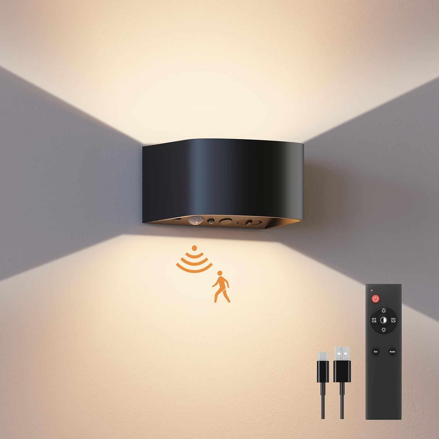 Black wall-mounted light fixture with sensor icon and remote control on a gray background