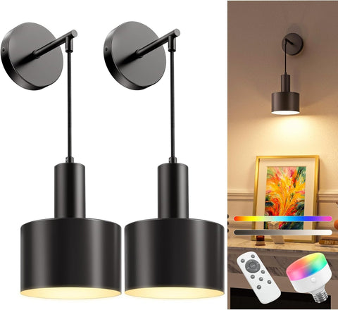 Black wall-mounted light fixtures with remote control and colorful light bulb on a white background.