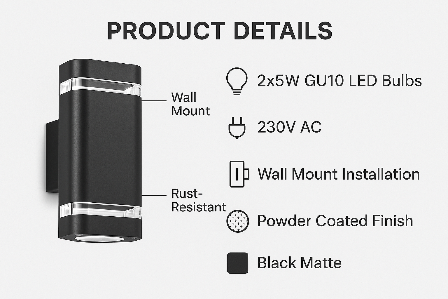 Black wall-mounted outdoor light fixture with product details on a white background