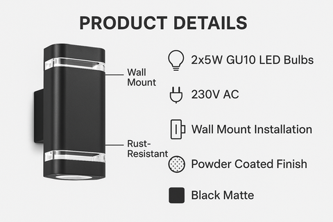 Black wall-mounted outdoor light fixture with product details on a white background