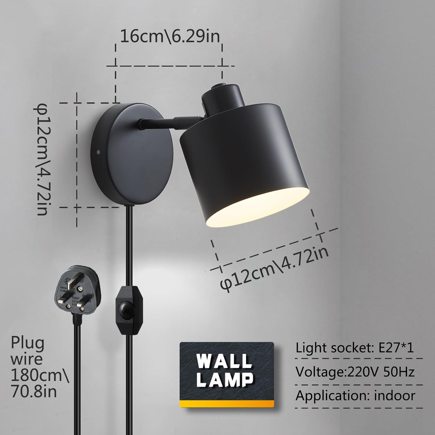 Black wall lamp with dimensions and specifications on a gray background