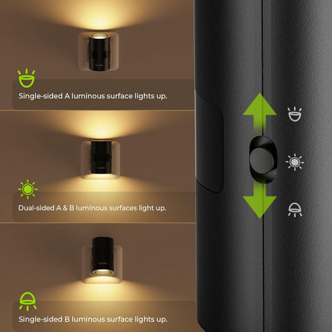 Black wall light fixture with illuminated surfaces and control panel on a brown background