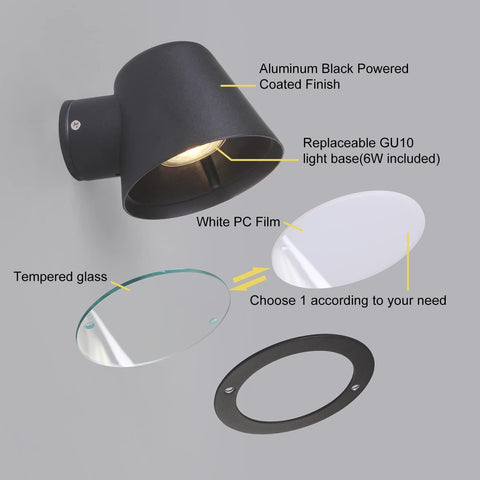 Black wall light fixture with labeled components on a gray background