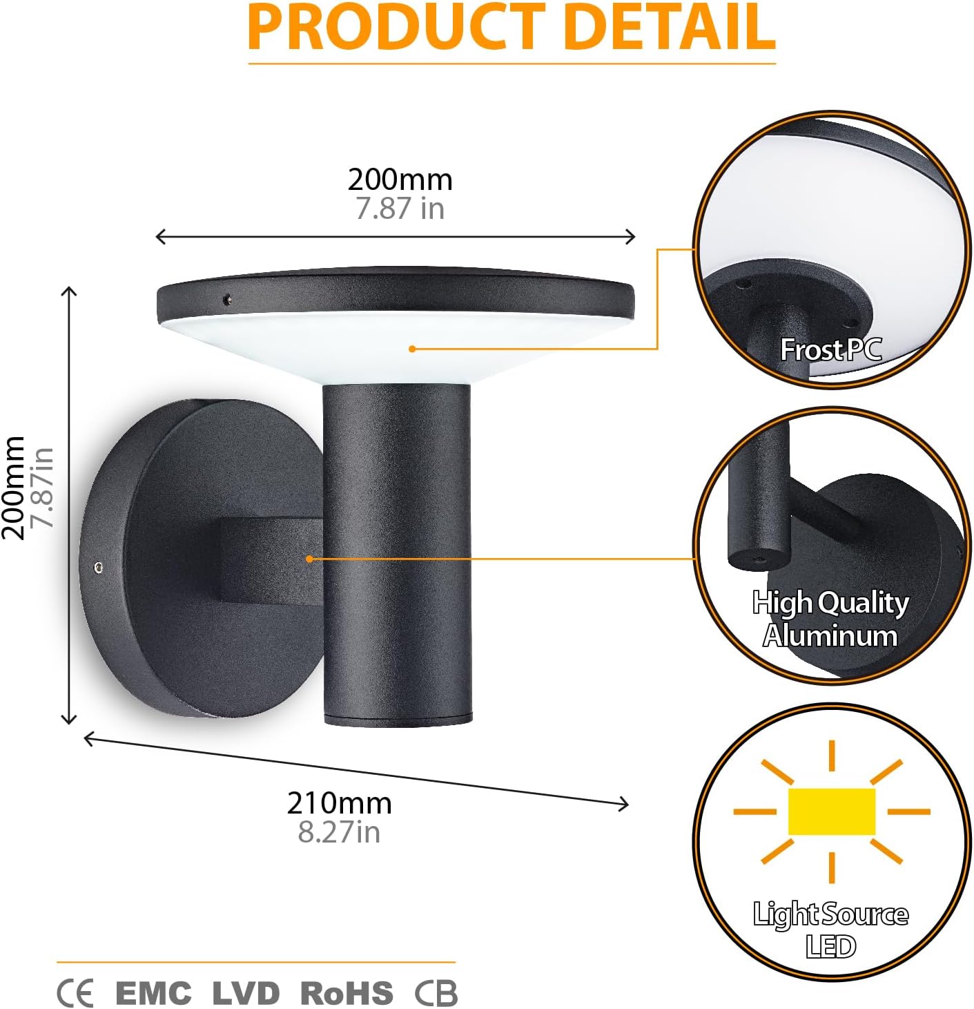 Black wall light fixture with measurements and quality details on a white background