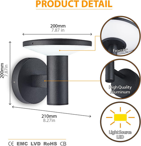Black wall light fixture with measurements and quality details on a white background