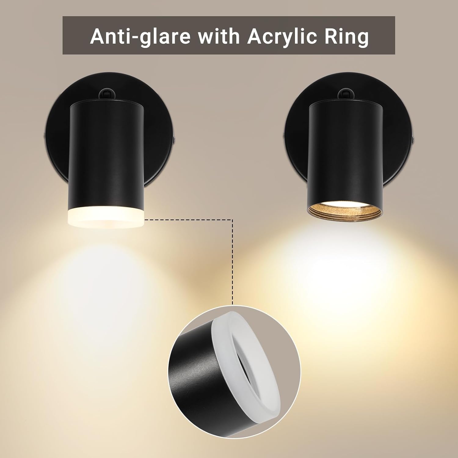Black wall lights with acrylic ring feature on a beige background