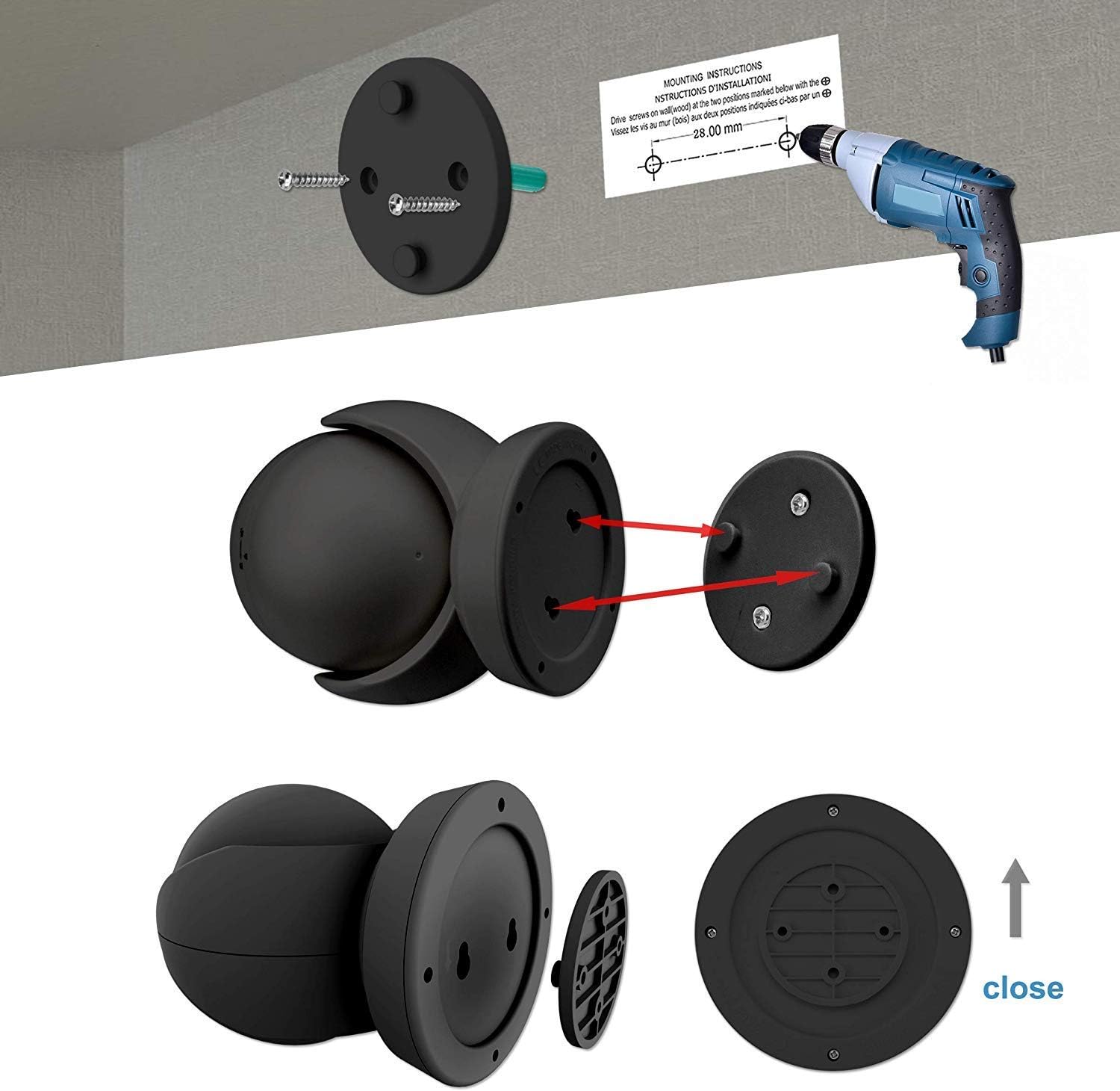 Black wall mount components with drill and instructions on a gray and white background