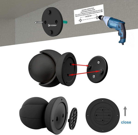 Black wall mount components with drill and instructions on a gray and white background