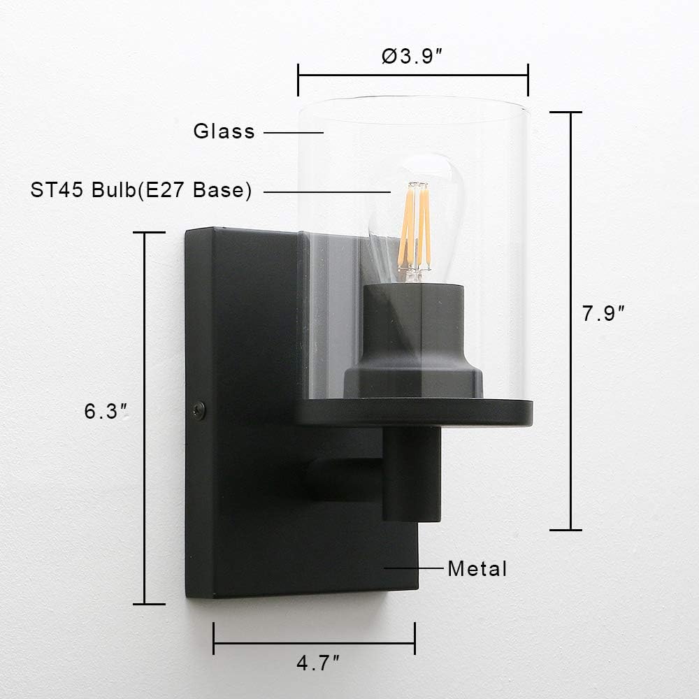 Black wall sconce with labeled parts and dimensions on a white background