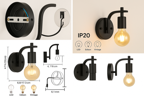 Black wall sconces with light bulbs, including measurements and IP rating information.