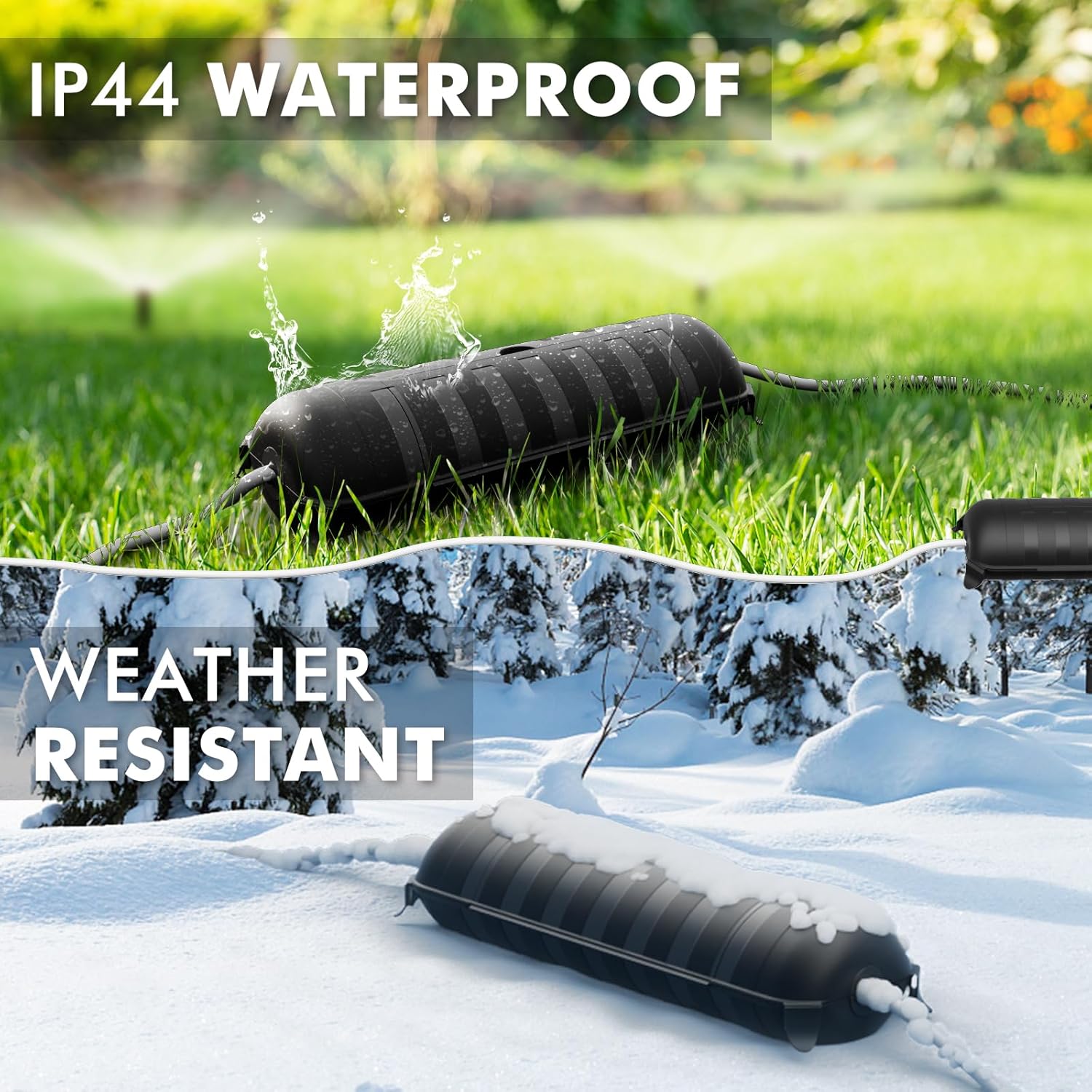 Black waterproof device on grass and snow with 'IP44 Waterproof' and 'Weather Resistant' text.