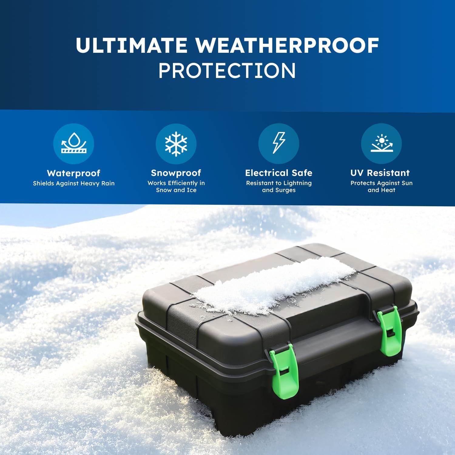 Black weatherproof storage box with green latches on a snowy background, featuring text about its features.