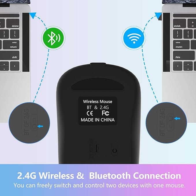 Black wireless mouse with connectivity icons and text on a light blue background