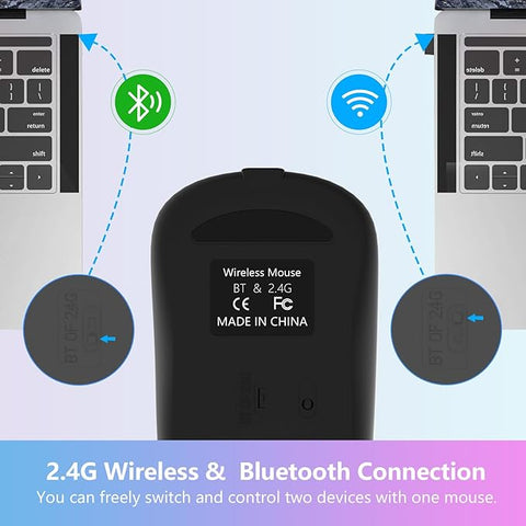 Black wireless mouse with connectivity icons and text on a light blue background