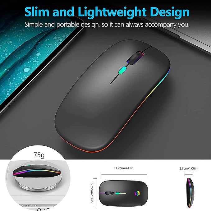 Black wireless mouse with slim and lightweight design features on a dark surface.