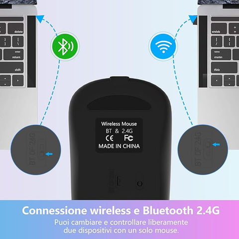 Black wireless mouse with connectivity icons on a light blue background