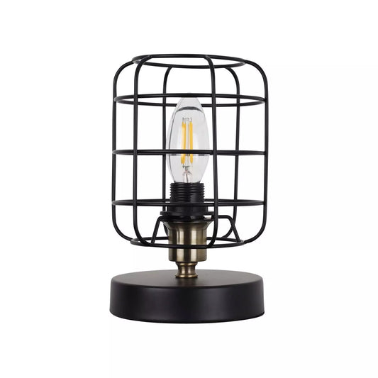 Black with Antique Brass Detail Table Lamps or Bedside Lights, Retro Industrial Cage Design, Height 20cm