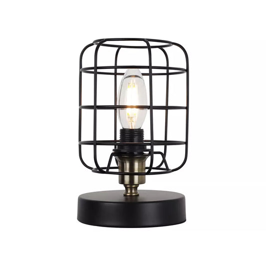 Black with Antique Brass Detail Table Lamps or Bedside Lights, Retro Industrial Cage Design, Height 20cm