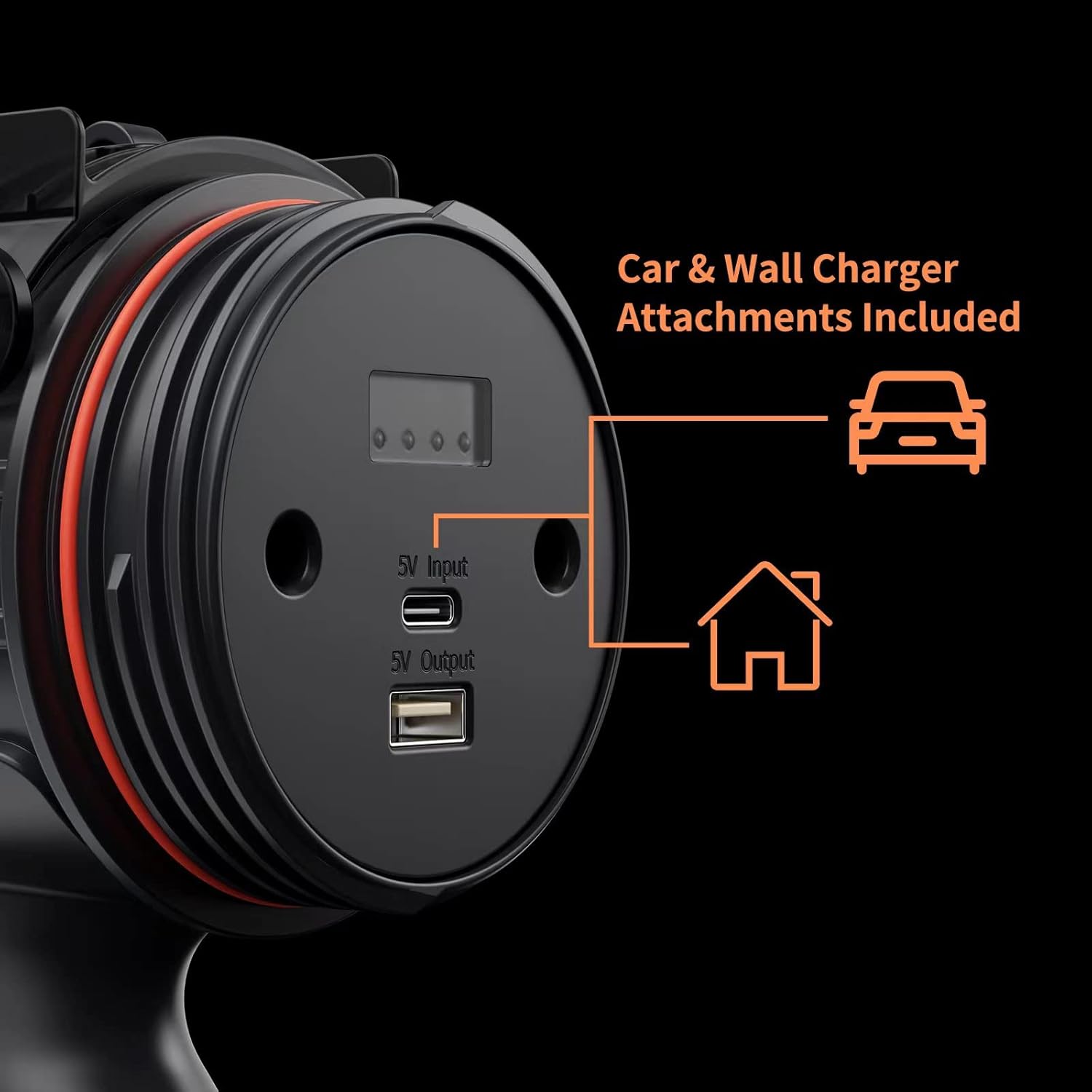 Black electrical outlet with USB port and car and wall charger attachments indicated on a black background
