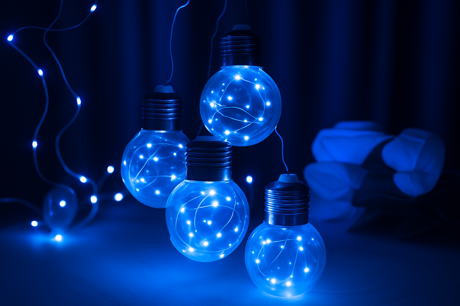 Blue LED string lights shaped like light bulbs on a dark background