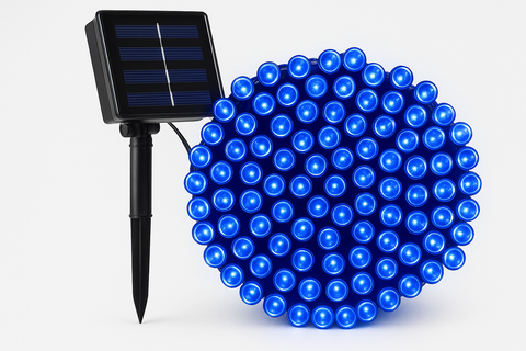 Blue LED string lights with solar panel on a white background