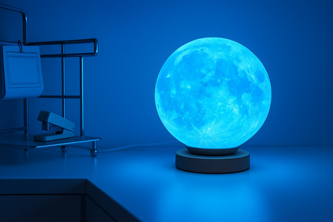 Blue glowing sphere on a desk with a dark blue background