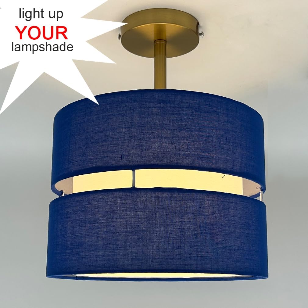 Blue lampshade with gold fixture on a plain background