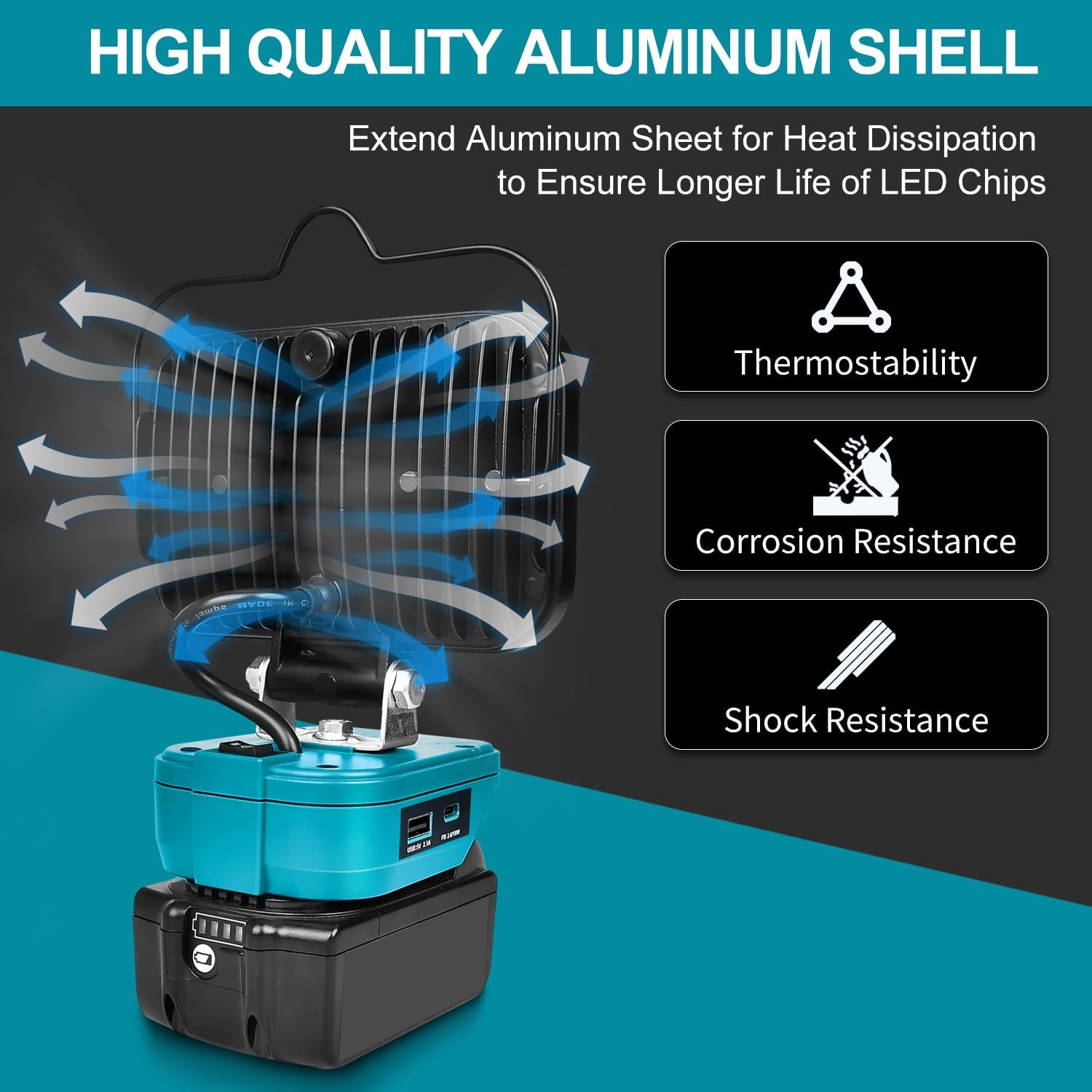 Blue power tool with cooling system and text about high-quality aluminum shell benefits on a teal and black background.