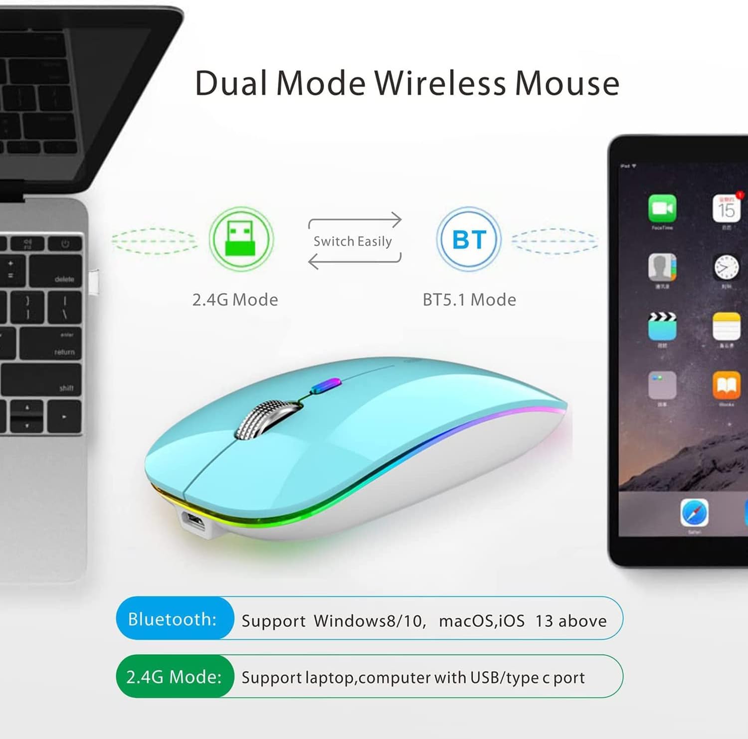 Blue wireless mouse with compatibility information displayed on a white background