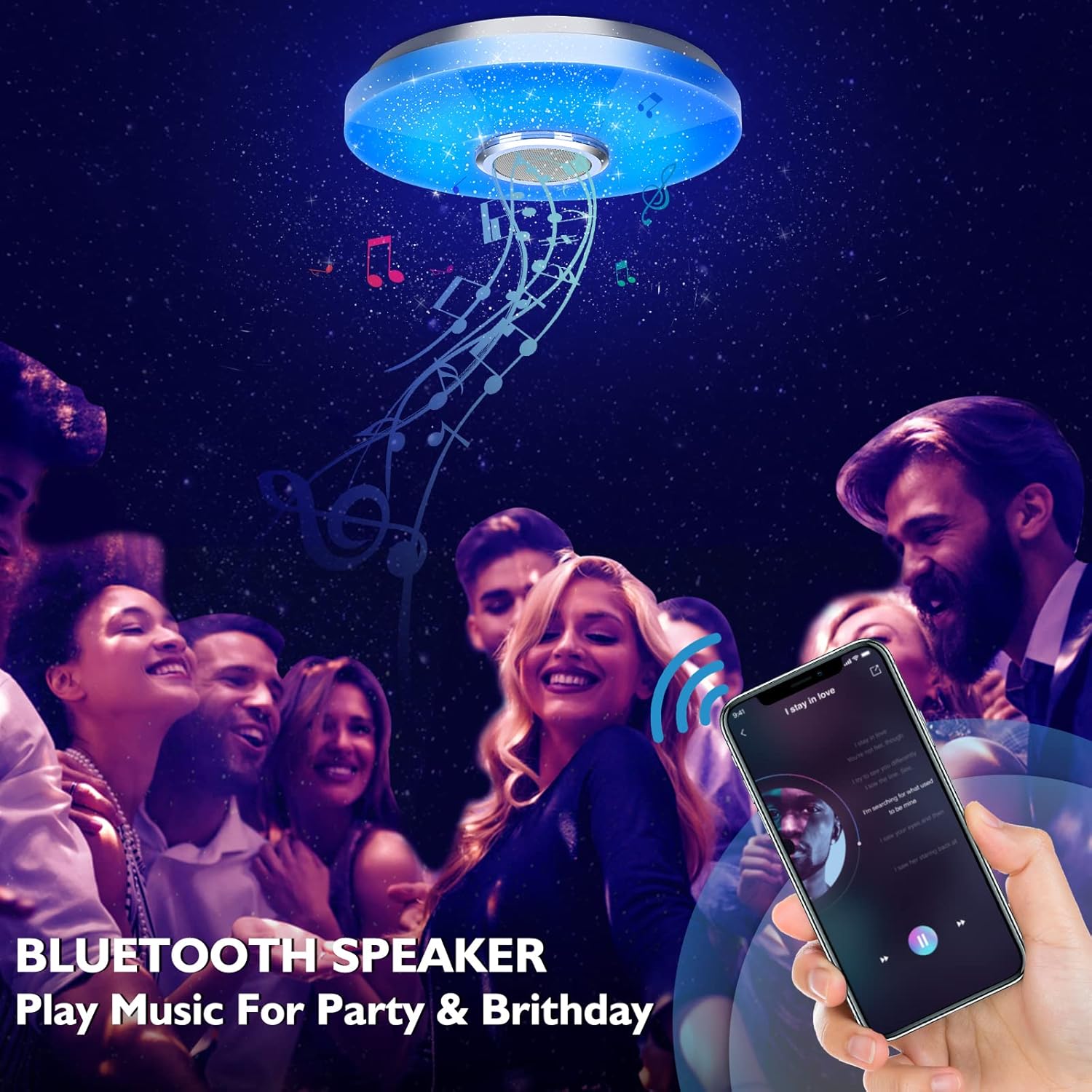 Bluetooh speaker with smartphone app interface, people enjoying music, and text 'Play Music For Party & Birthday'.