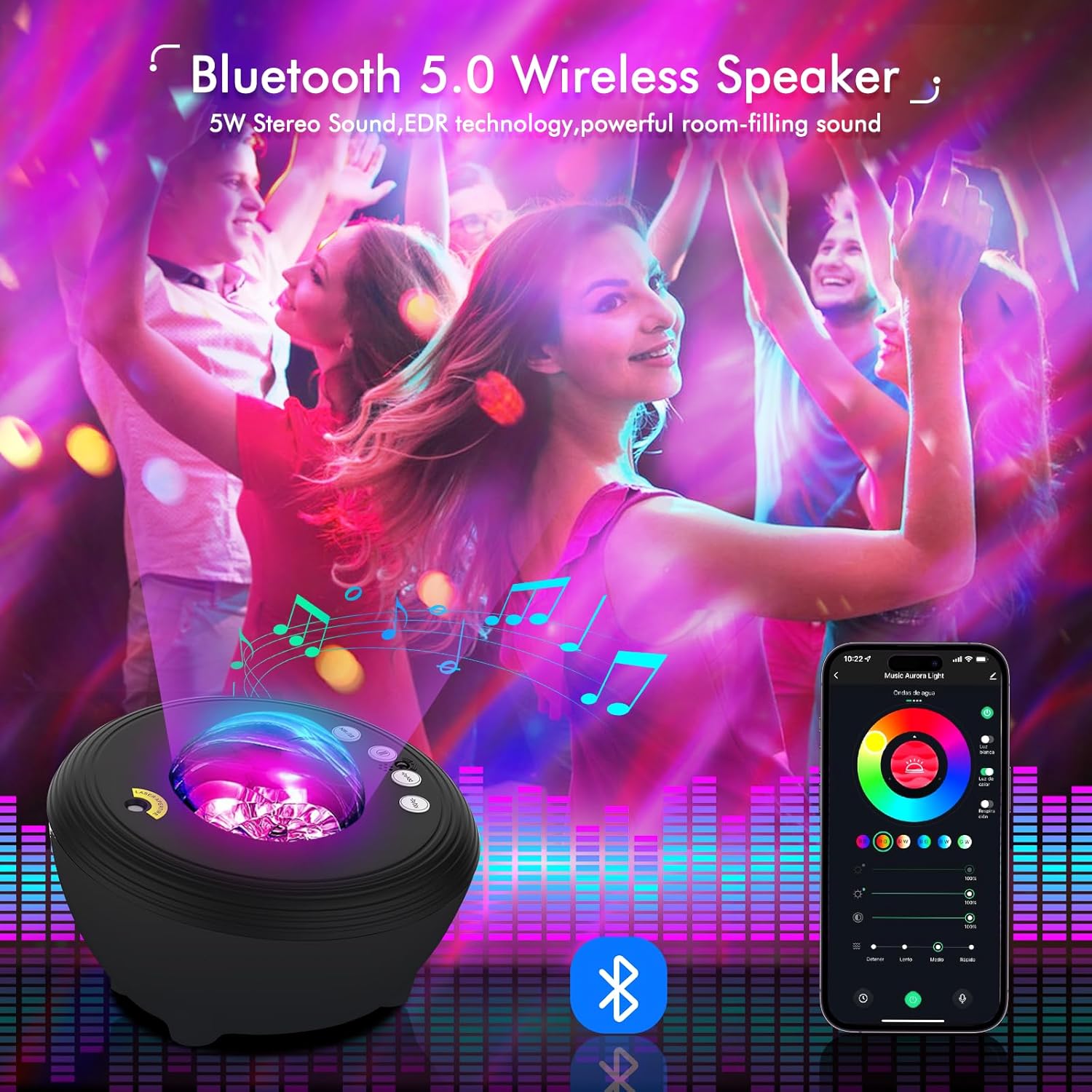 Bluetooth 5.0 wireless speaker with colorful lights and app control interface, people dancing in the background.