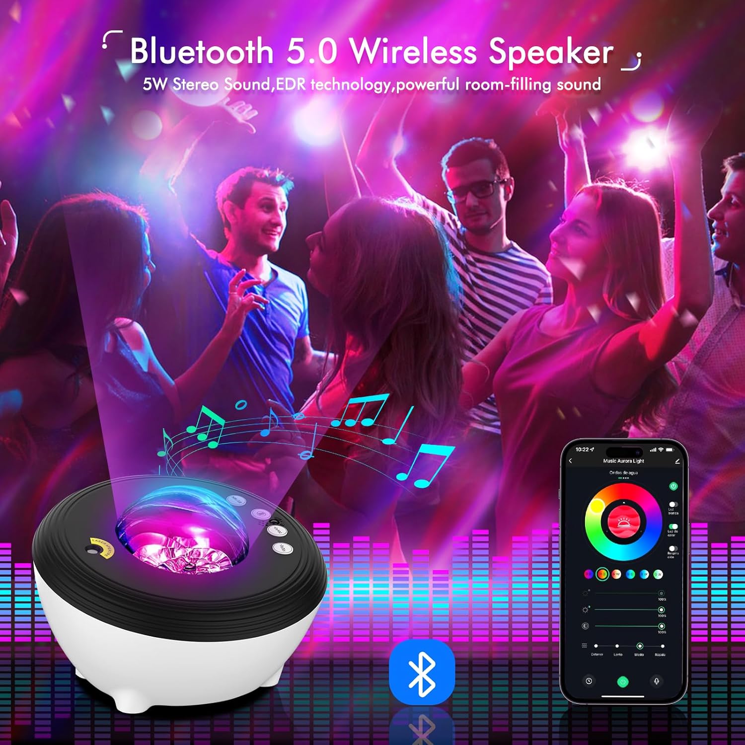 Bluetooth 5.0 wireless speaker with colorful lights and app interface, surrounded by people dancing.