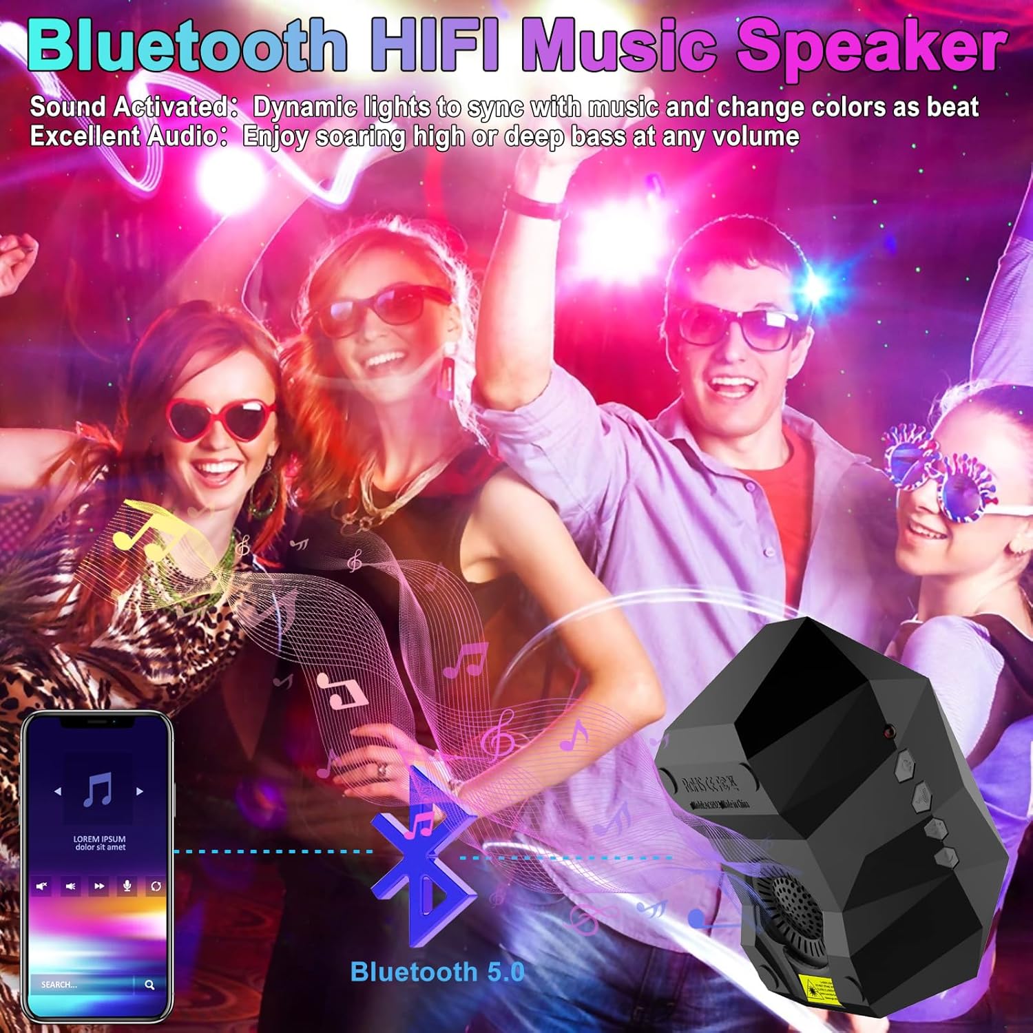 Bluetooth HIFI Music Speaker with dynamic lights and people enjoying music in the background
