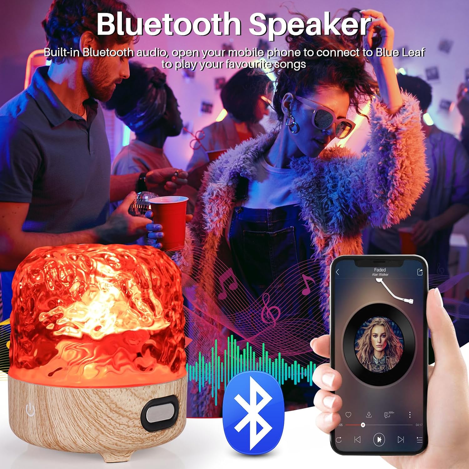 Bluetooth speaker with a phone showing music app and people enjoying music in the background
