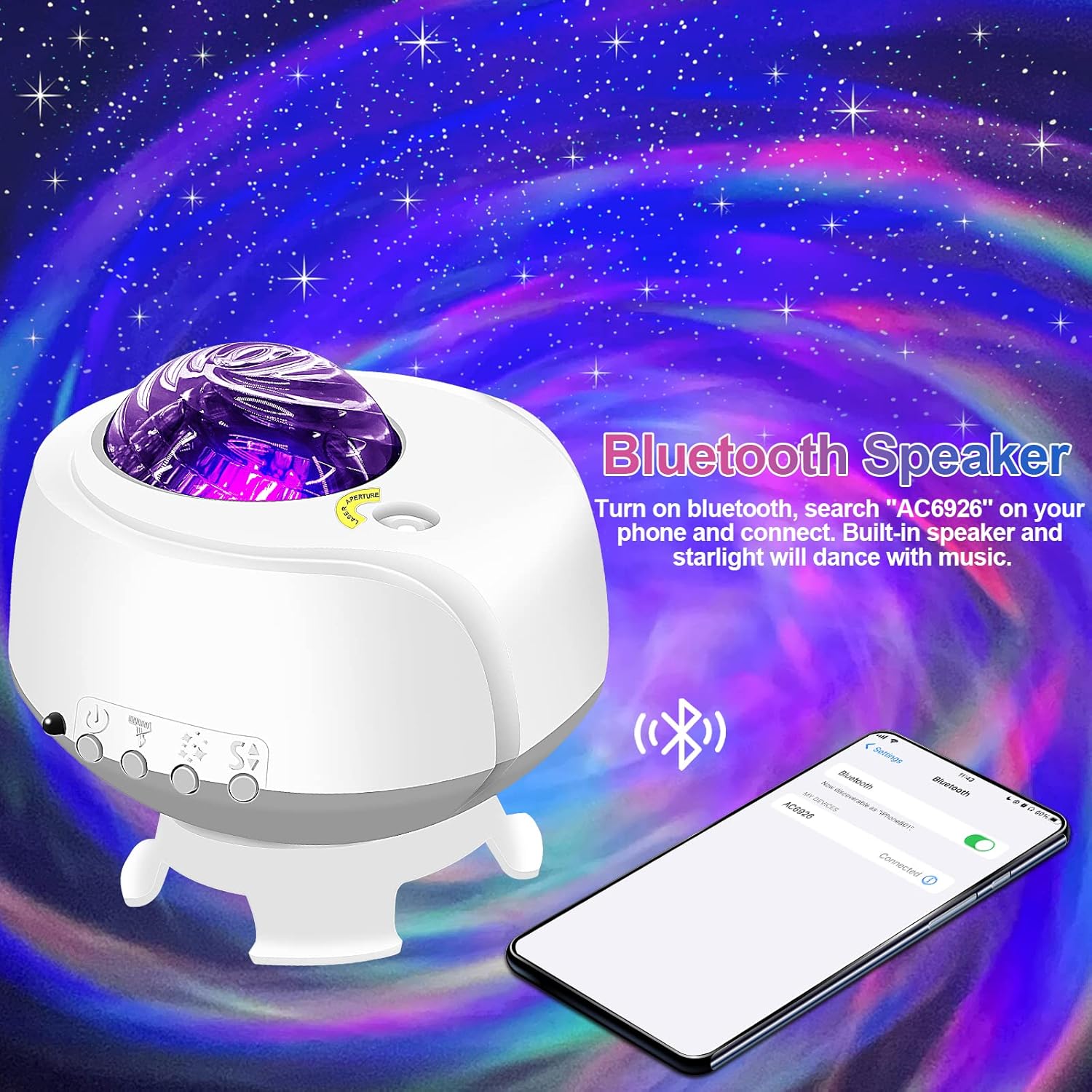Bluetooth speaker with starlight effect on a space-themed background
