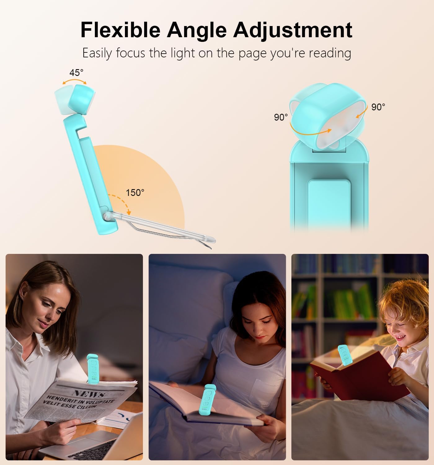 Book Light Rechargeable, Reading Light Lamp Clip on Books, Eye Caring 3 Colors, 5 Brightness & Stepless Dimming, Long Lasting up to 80hrs, Portable Mini Reading Lamp for Readers