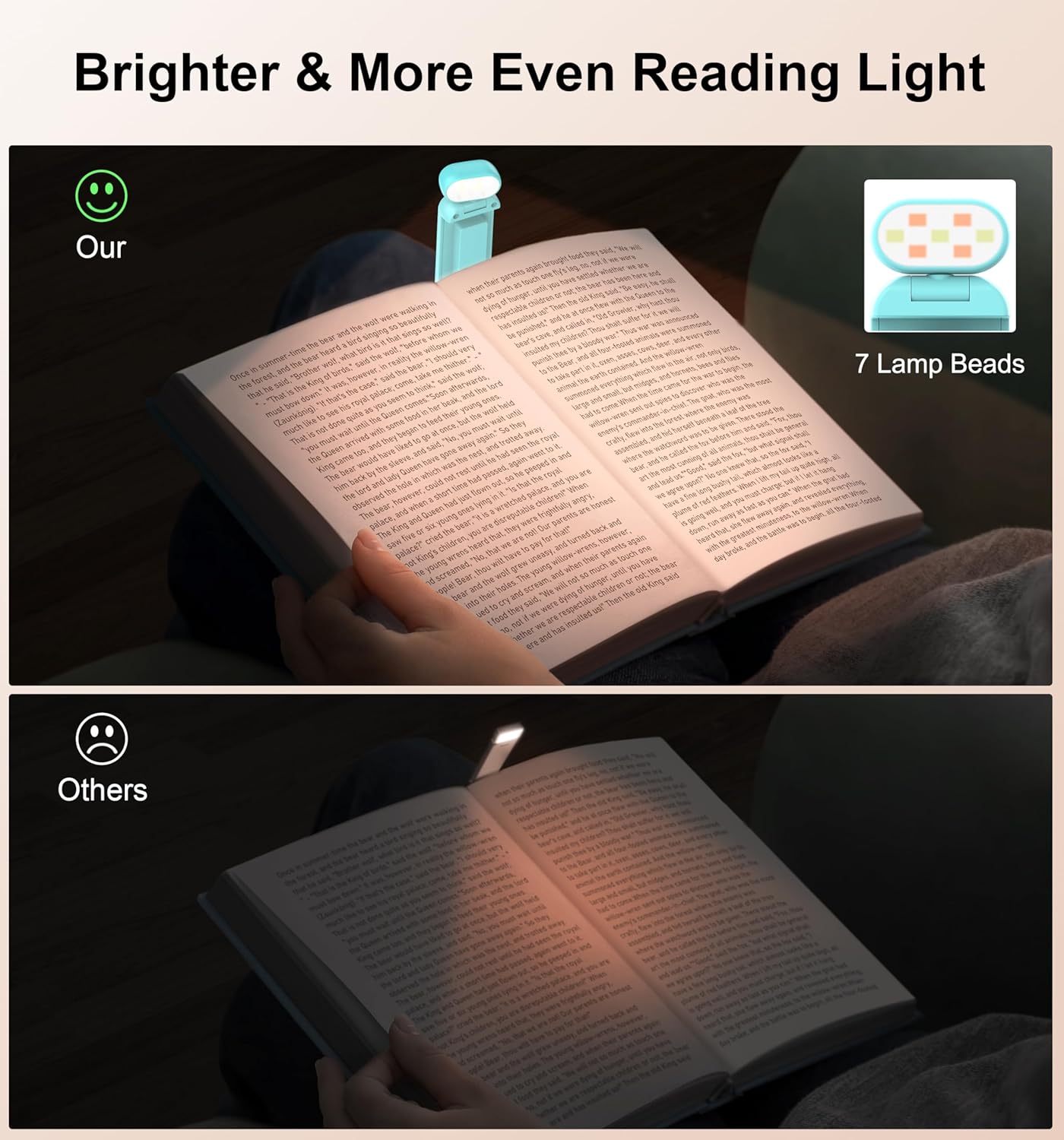 Book Light Rechargeable, Reading Light Lamp Clip on Books, Eye Caring 3 Colors, 5 Brightness & Stepless Dimming, Long Lasting up to 80hrs, Portable Mini Reading Lamp for Readers
