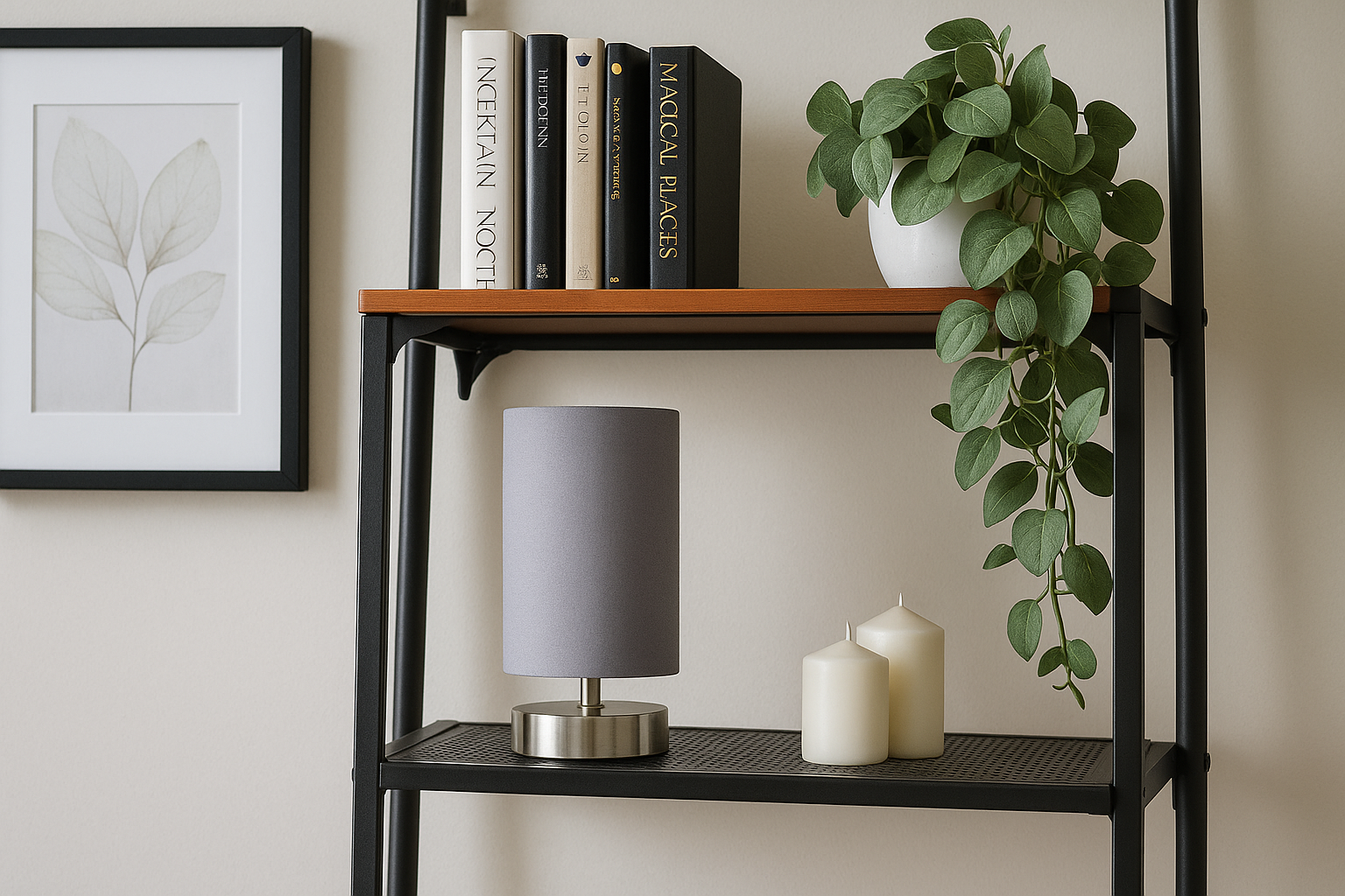 Bookshelf with books, a lamp, candles, and a plant against a neutral wall.