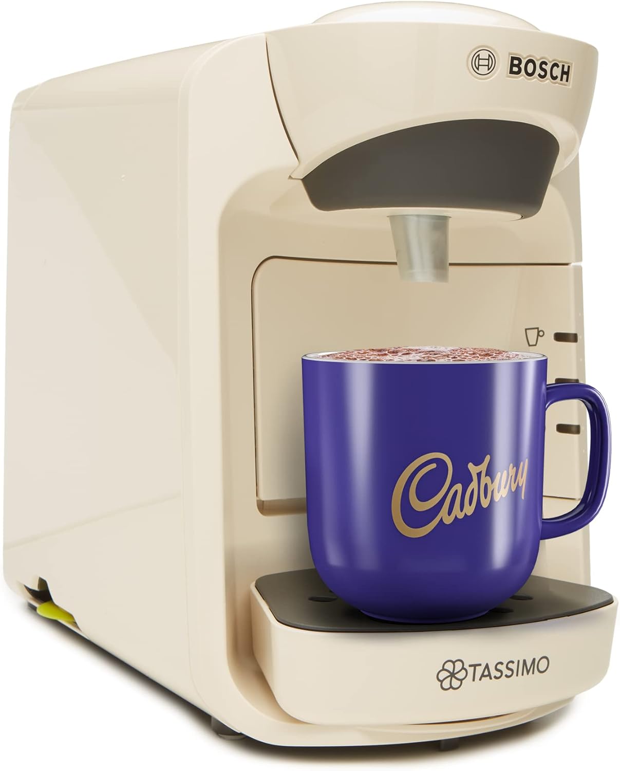 Bosch Tassimo coffee machine with a Cadbury branded mug on a white background
